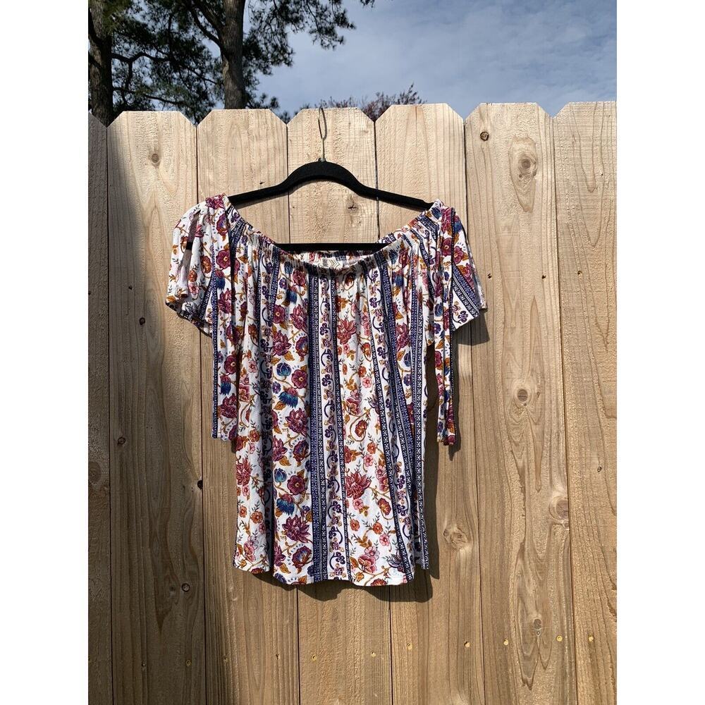 Women's Pink Rose Floral Off-Shoulder Shirt Blouse Top - Medium floral‎ boho